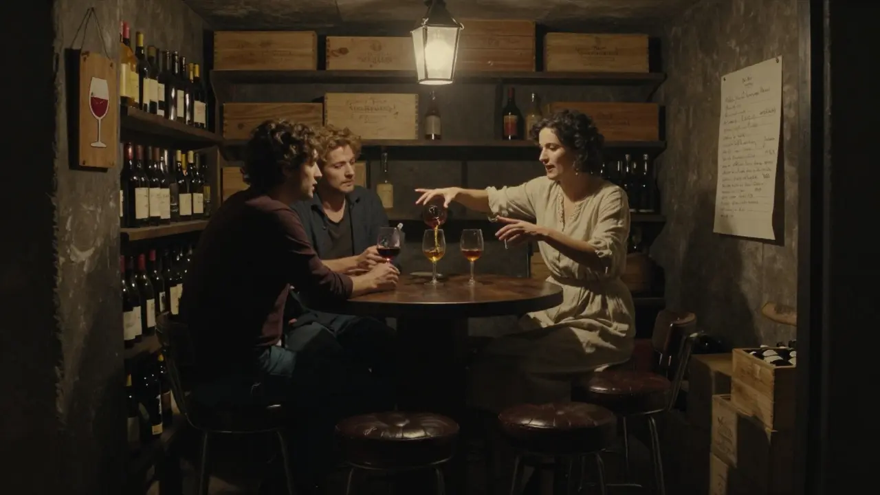 A woman pouring three glasses of wine for strangers at a hidden cellar bar, lit by lantern light.
