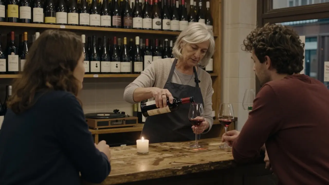 A woman pouring wine for a couple in a cozy neighborhood bar with vintage records playing in the background.