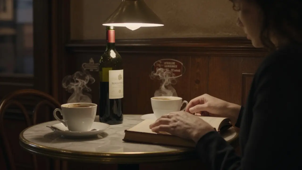 An elegant bistro table in the Marais set for two, with coffee, wine, and a book under warm lamplight.