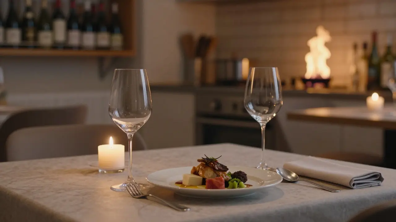 An empty chef’s table in Berlin with one wine glass half-full and candlelight glowing softly.