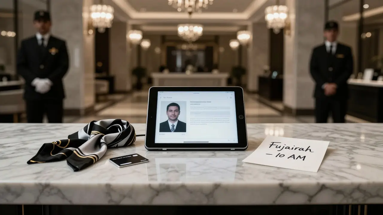 An upscale hotel concierge desk with a blurred profile on a tablet and a handwritten note for a day trip, evoking exclusivity.