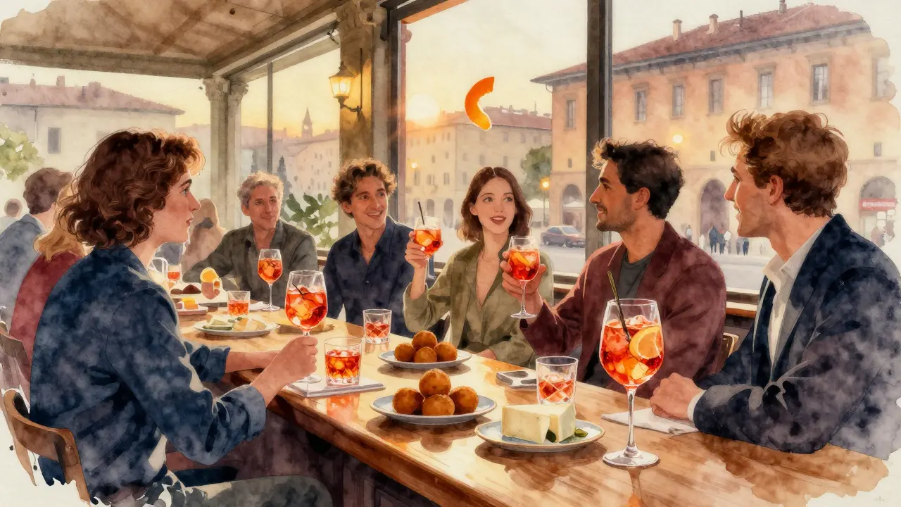 Aperitivo bar scene in Brera with cocktails, food, and soft evening light casting a warm glow.