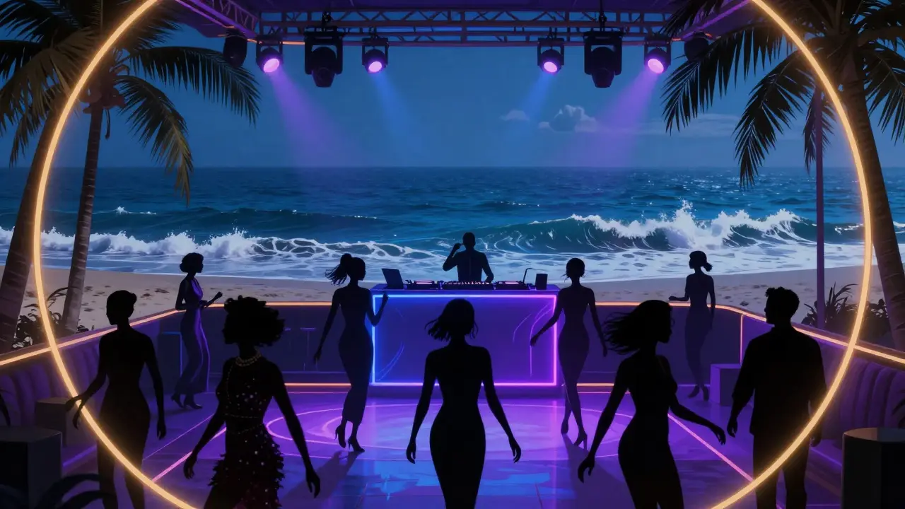 Beach club dance floor by the ocean with glowing lights and silhouettes moving to music.