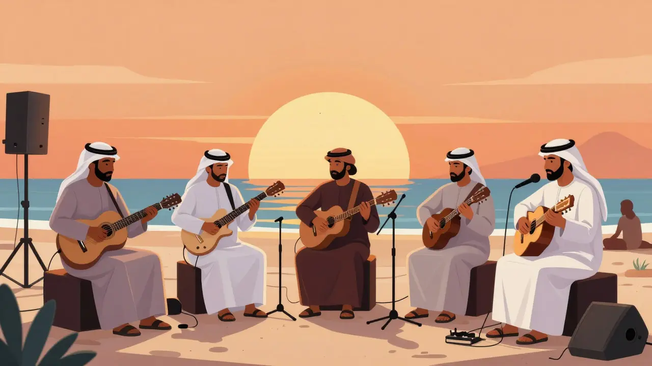 Beachfront sunset concert with local musicians and audience enjoying music