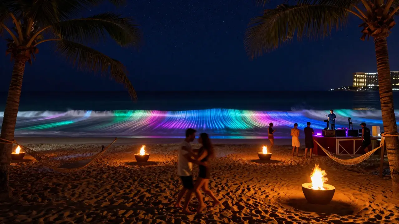 Beachside party at Dusk Beach Club with dancing figures, fire pits, and ocean waves under a starry night sky.