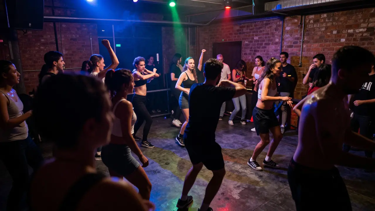Biffi techno club dance floor with industrial bricks and energetic crowd.