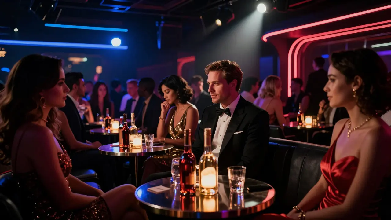 Celebrity-filled VIP section in exclusive nightclub with neon lights and bottle service.