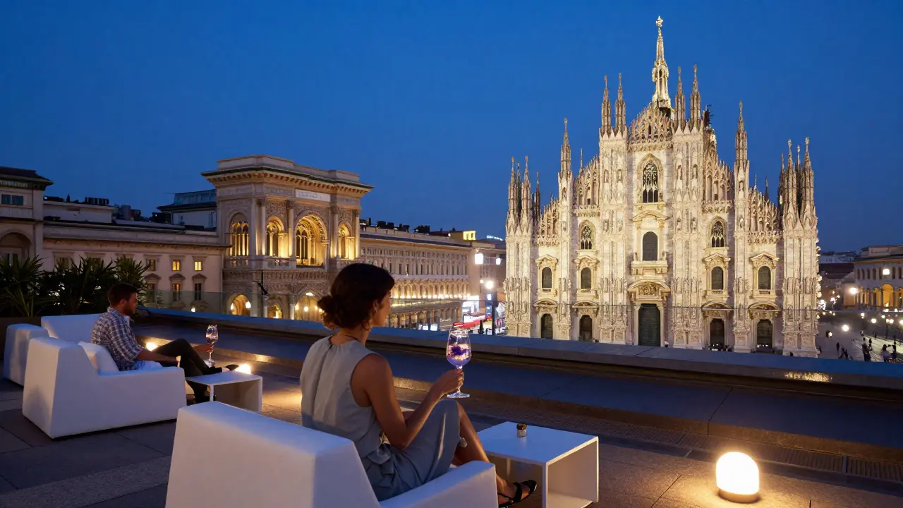 Couples enjoying cocktails on a minimalist rooftop terrace with Milan’s skyline in the background.