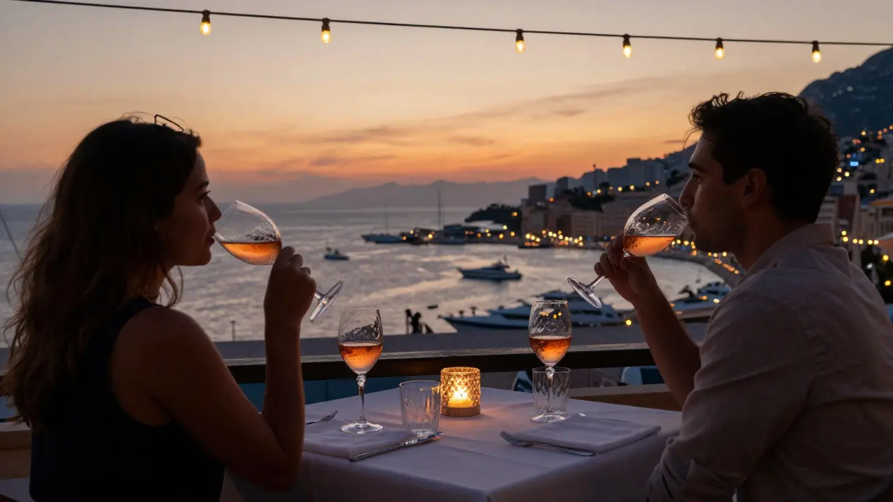 Couples enjoying rosé on a rooftop terrace as the Mediterranean sunset fades behind yachts.