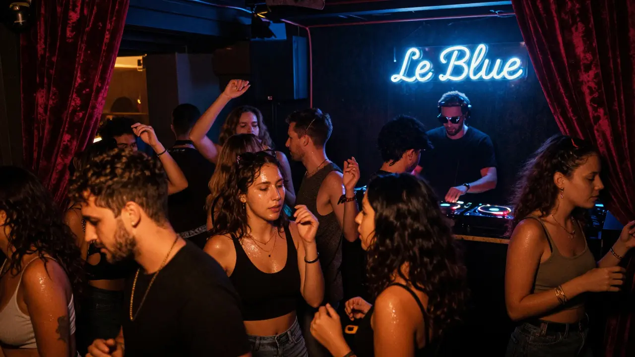 Crowd dancing in a dim, bass-heavy underground club with neon signage and no phones visible.