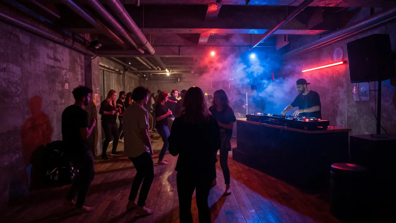 Crowd dancing in a dim, industrial basement club with neon lights and concrete walls.