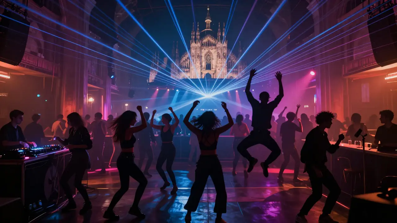 Dancers on a crowded nightclub floor under pulsing lasers and colored lights in Milan.