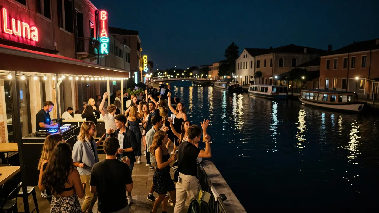 Dancers under neon lights at Luna Park in Navigli, with canals and converted warehouses glowing in the night.