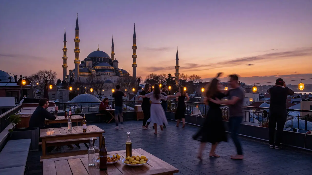 Dawn at a rooftop club in Beyazıt with the Blue Mosque in the background, locals dancing.