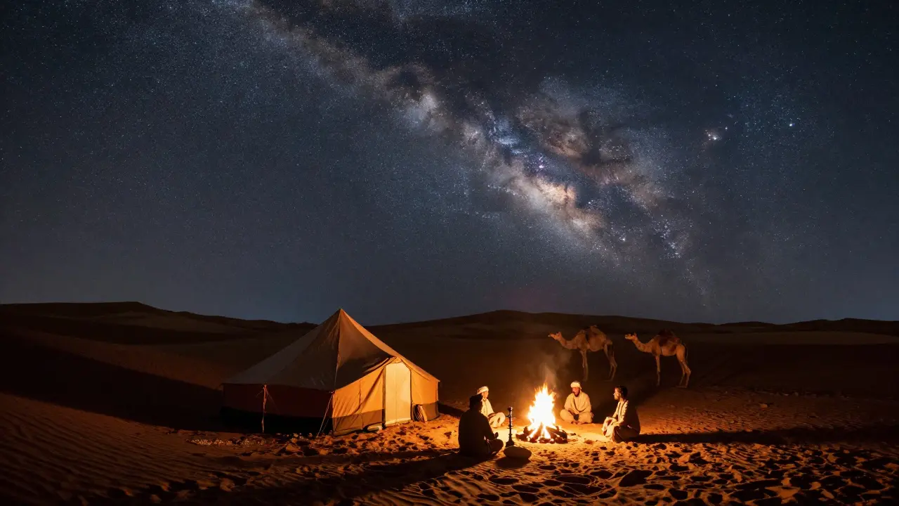 Desert night safari with bonfire, camels, and a star-filled sky under a Bedouin tent.