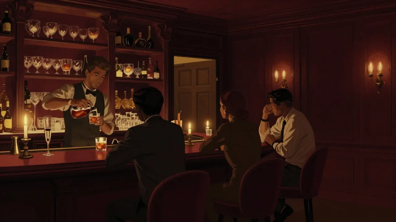 Dimly lit speakeasy bar with vintage cocktails and quiet patrons in a luxurious palace setting.