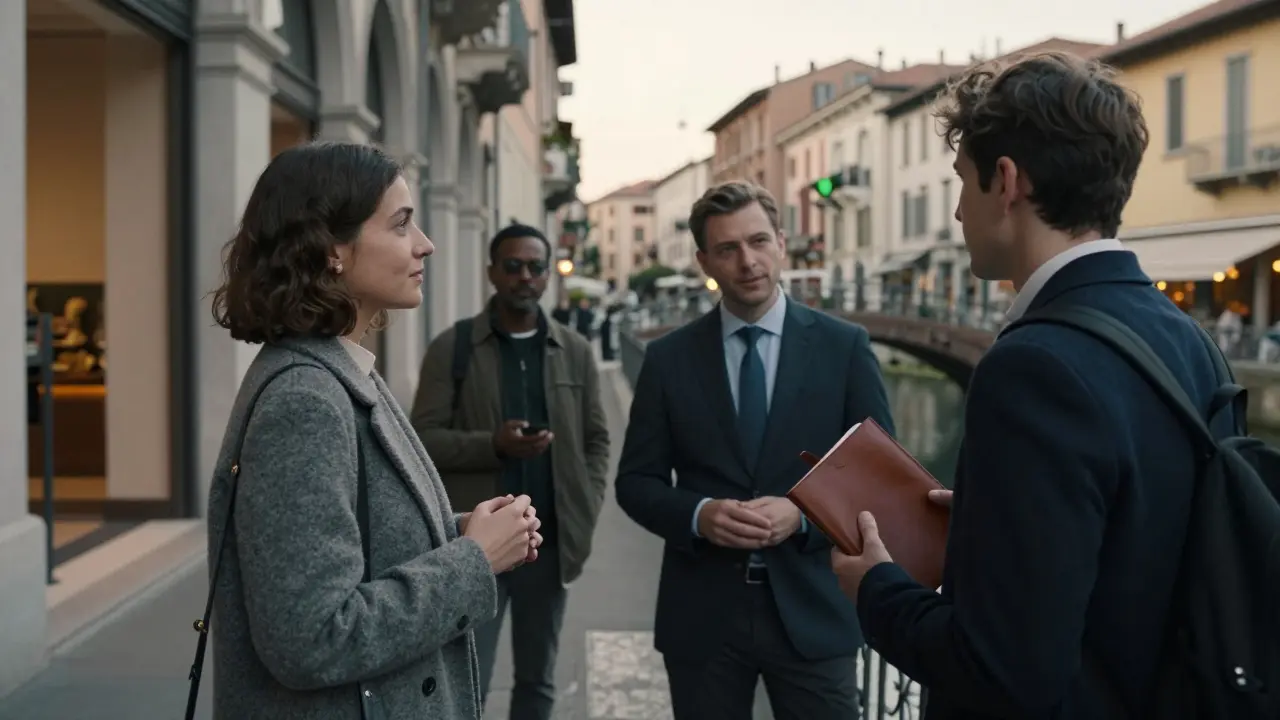 Diverse clients meet companions at discreet Milan locations—museum, café, canal—each scene capturing quiet connection.