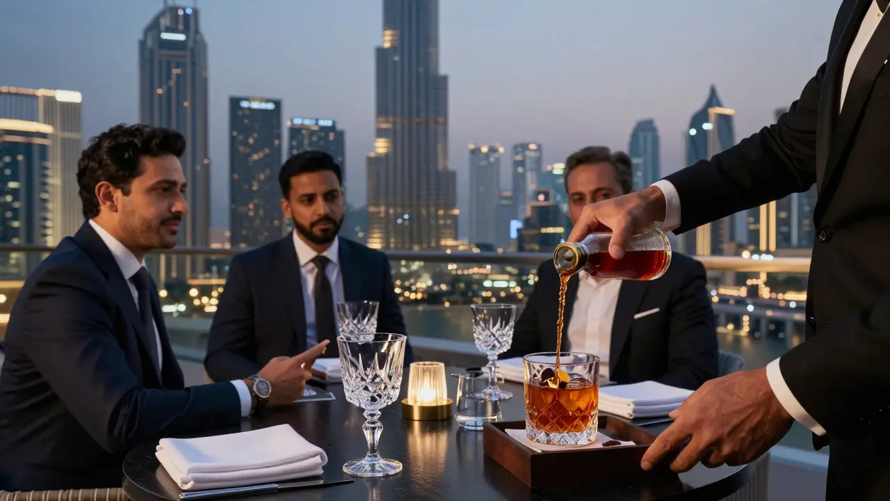 Executive duo discussing business at a luxury rooftop bar with a signature cocktail and skyline backdrop.