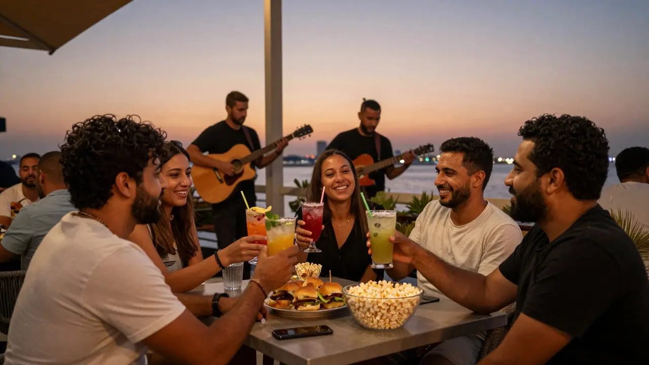 Friends enjoying drinks and snacks at an outdoor lounge in Abu Dhabi during twilight hours.