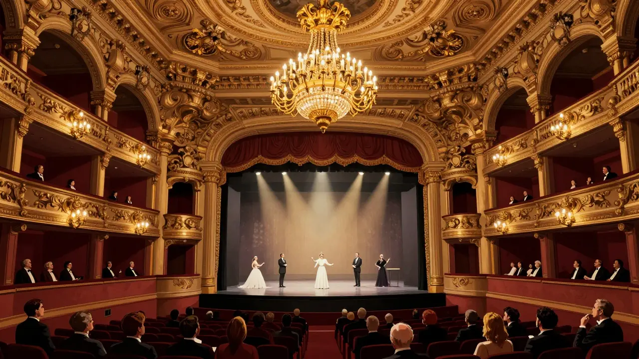 Grand opera hall inside Monte Carlo Casino with ornate chandelier and formal audience.