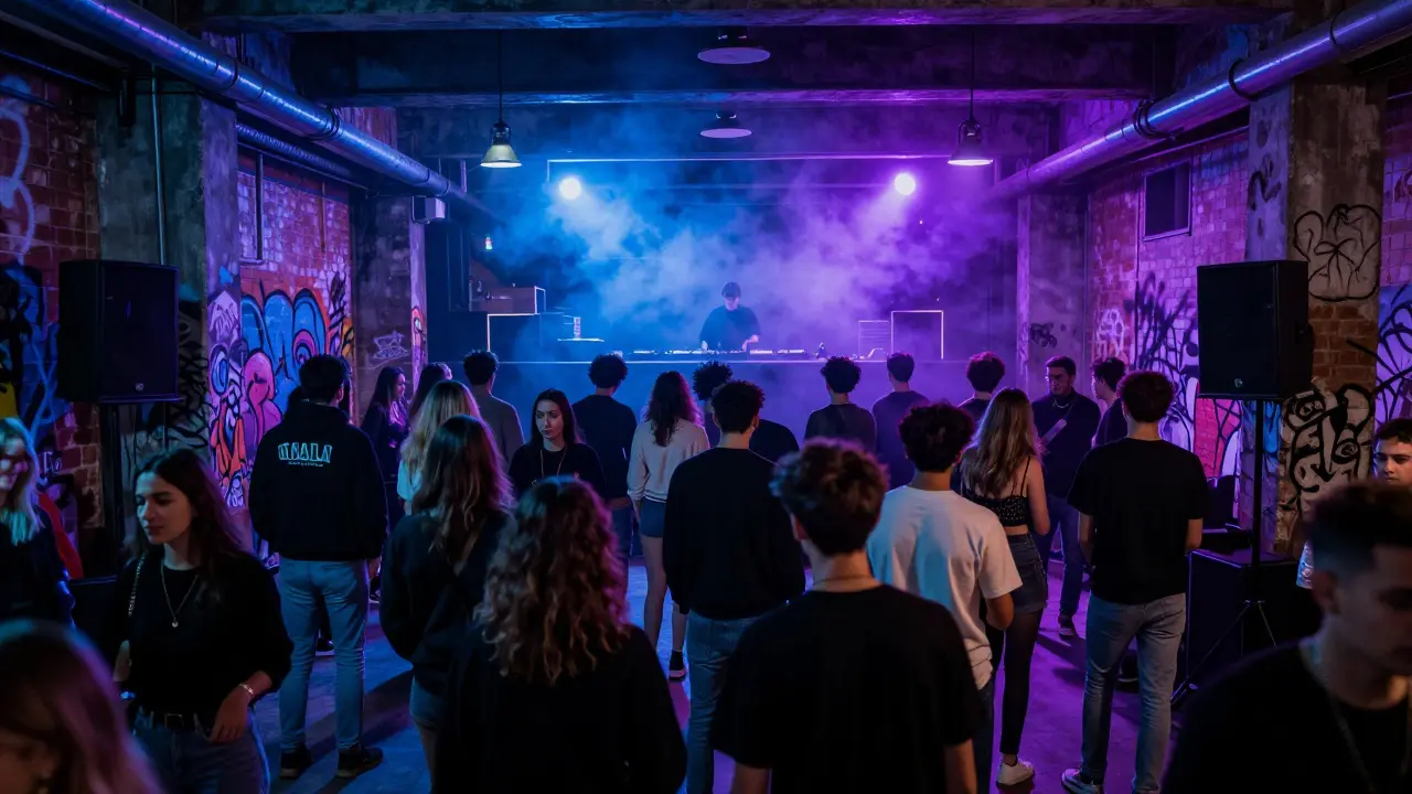 Industrial club in Isola with neon lights and crowd dancing to underground techno.