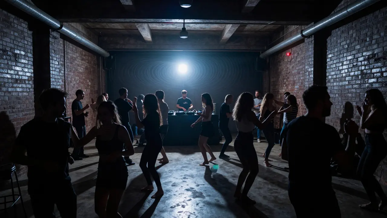 Inside La Scala Club, a dark industrial warehouse party with dancers under a single spotlight, DJ at turntables.