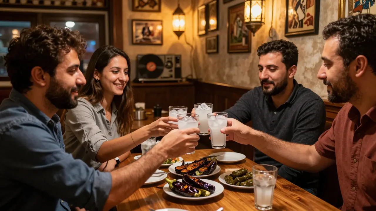 Locals sharing raki and mezes in a cozy traditional bar in Kadıköy, Istanbul.