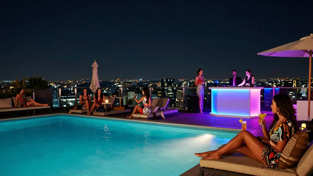 Luxury rooftop pool party with city skyline views and upscale casual crowd