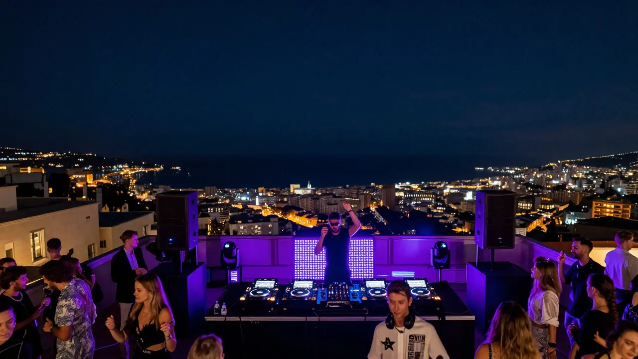 MC2 rooftop terrace with electronic music and Mediterranean skyline.