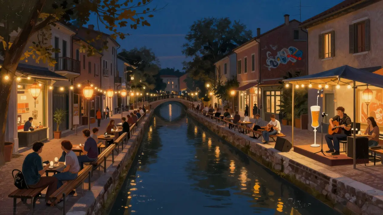 Nighttime scene of canals in Navigli with string lights, people relaxing, and live music.