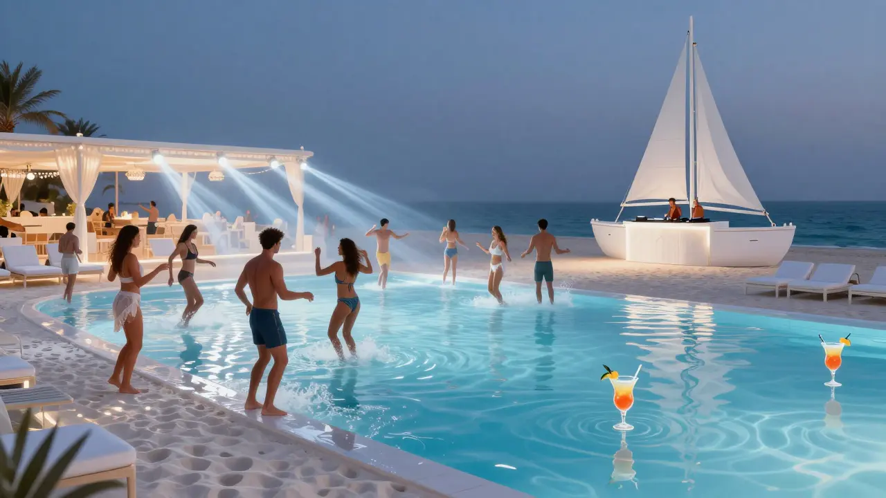 People dancing in a pool at White Dubai beach club under strobe lights, with white sand and moonlit shoreline in the background.