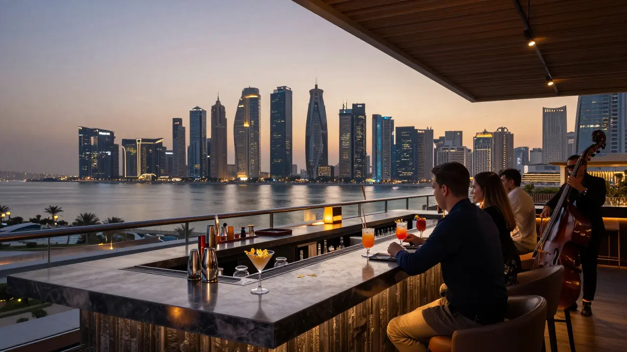 Rooftop bar at Level 43 with panoramic city views, guests sipping golden-garnished cocktails at twilight.