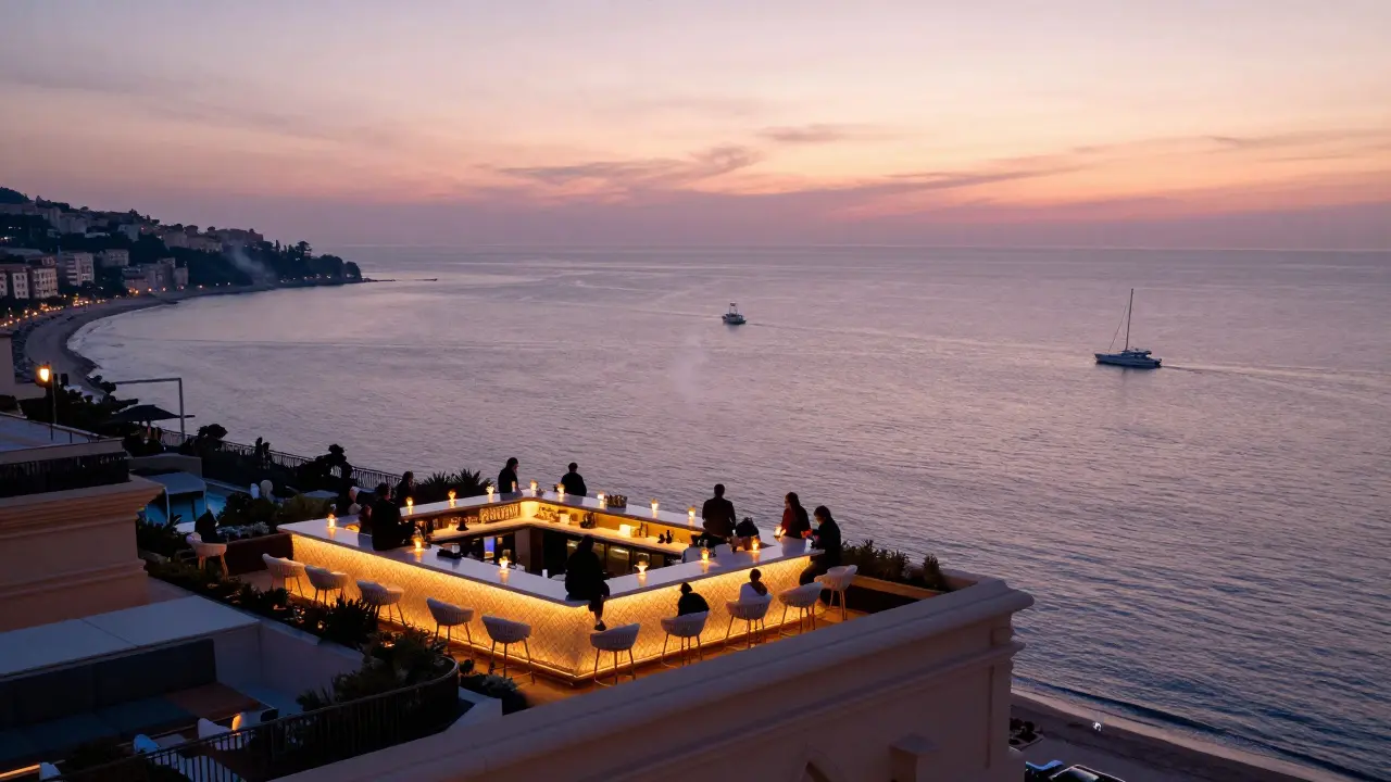 Rooftop bar at sunrise overlooking Monaco's coastline with guests watching the dawn.