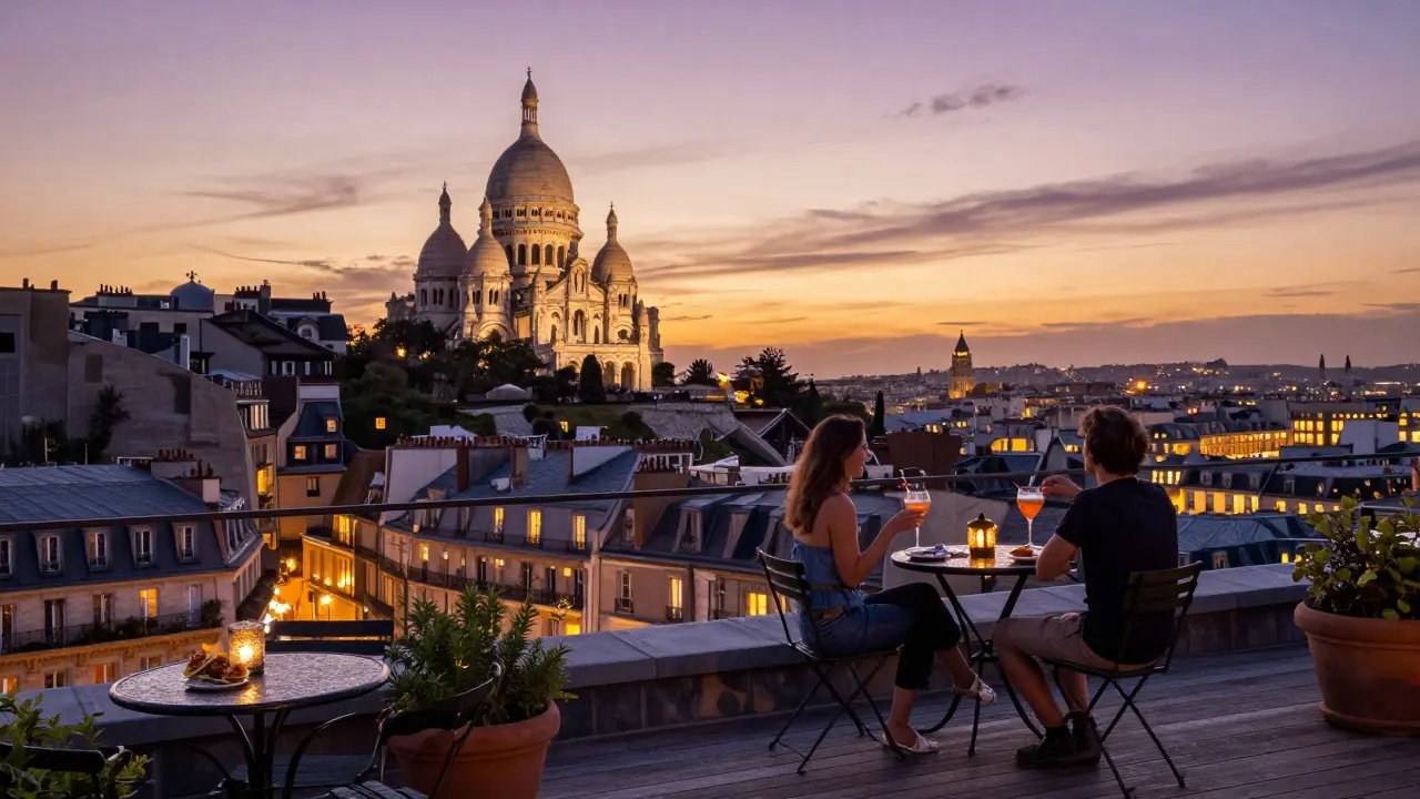 Rooftop bar at sunset with Paris skyline in the background, two people enjoying cocktails as lights begin to glow.