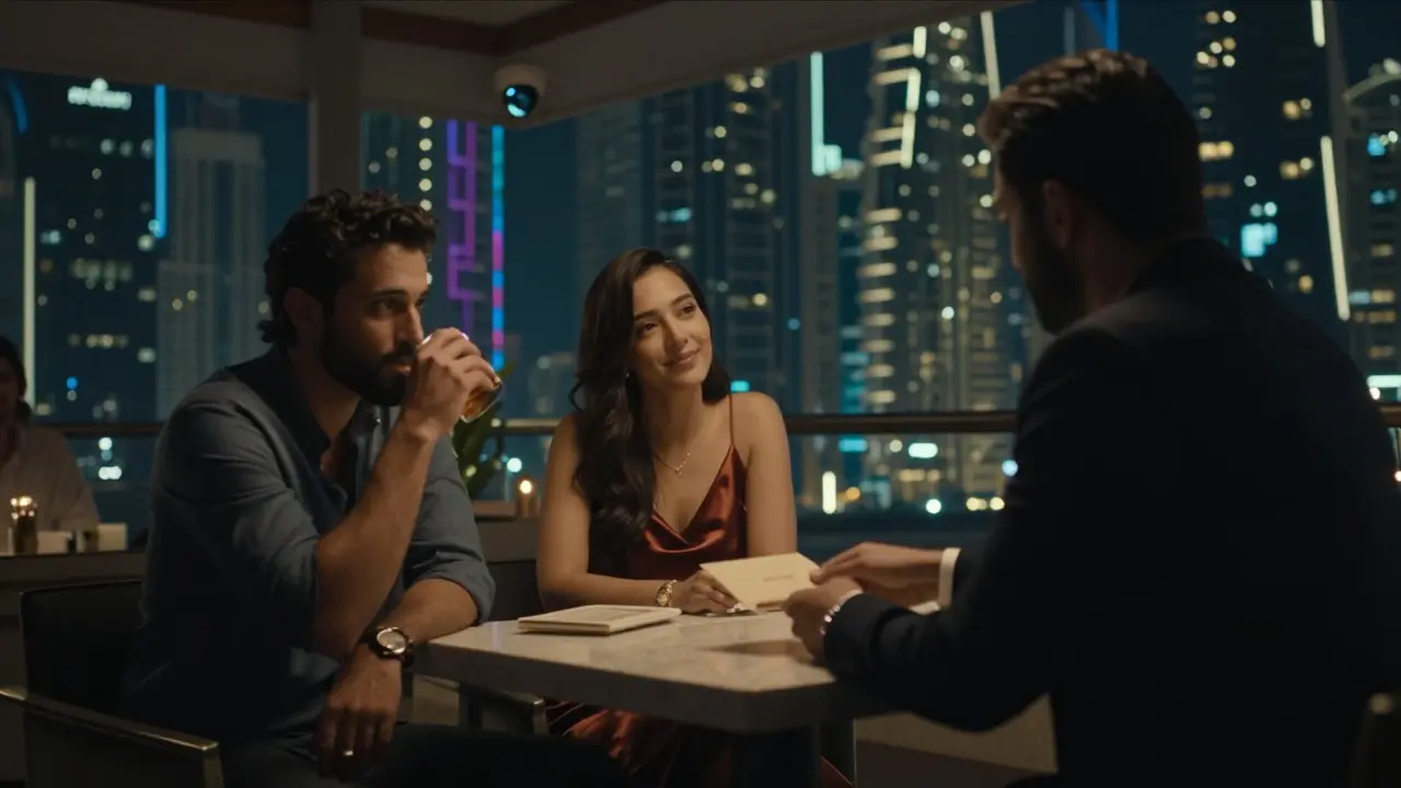 Three figures meet at a rooftop lounge in Dubai, with an intermediary passing an envelope under surveillance.