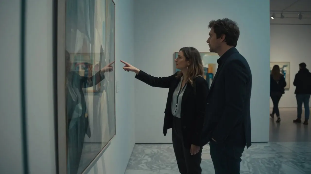 Two people contemplating modern art in a London gallery, bathed in soft ambient light.