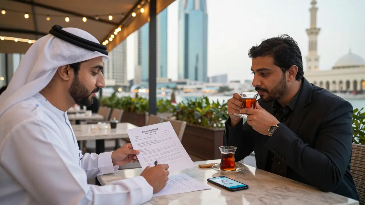 Two people meeting in a public Abu Dhabi café, reviewing a booking agreement.