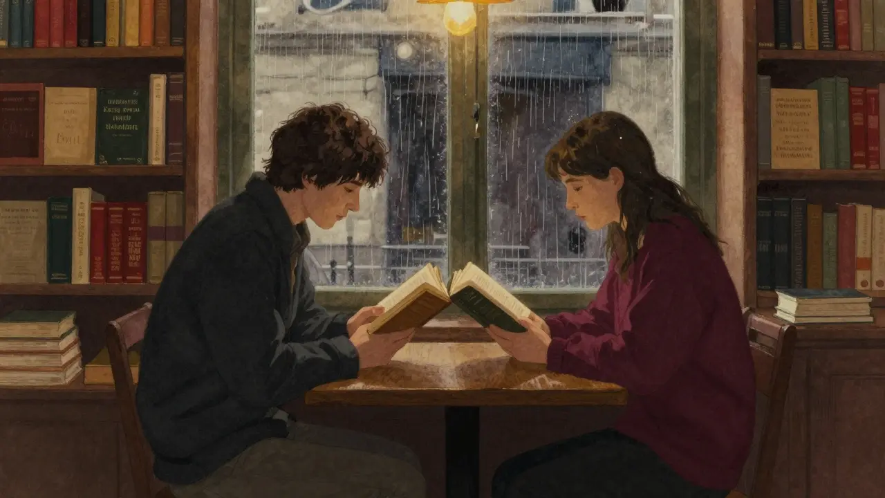 Two people sit quietly in a cozy Parisian bookshop, reading poetry by lamplight as rain falls outside.