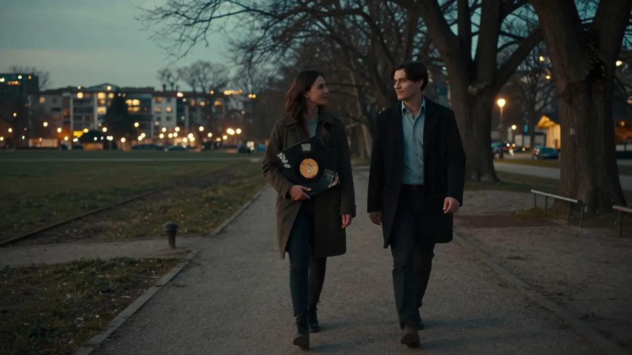 Two people walk peacefully through Parco Sempione at dusk, sharing silence and a vinyl record.