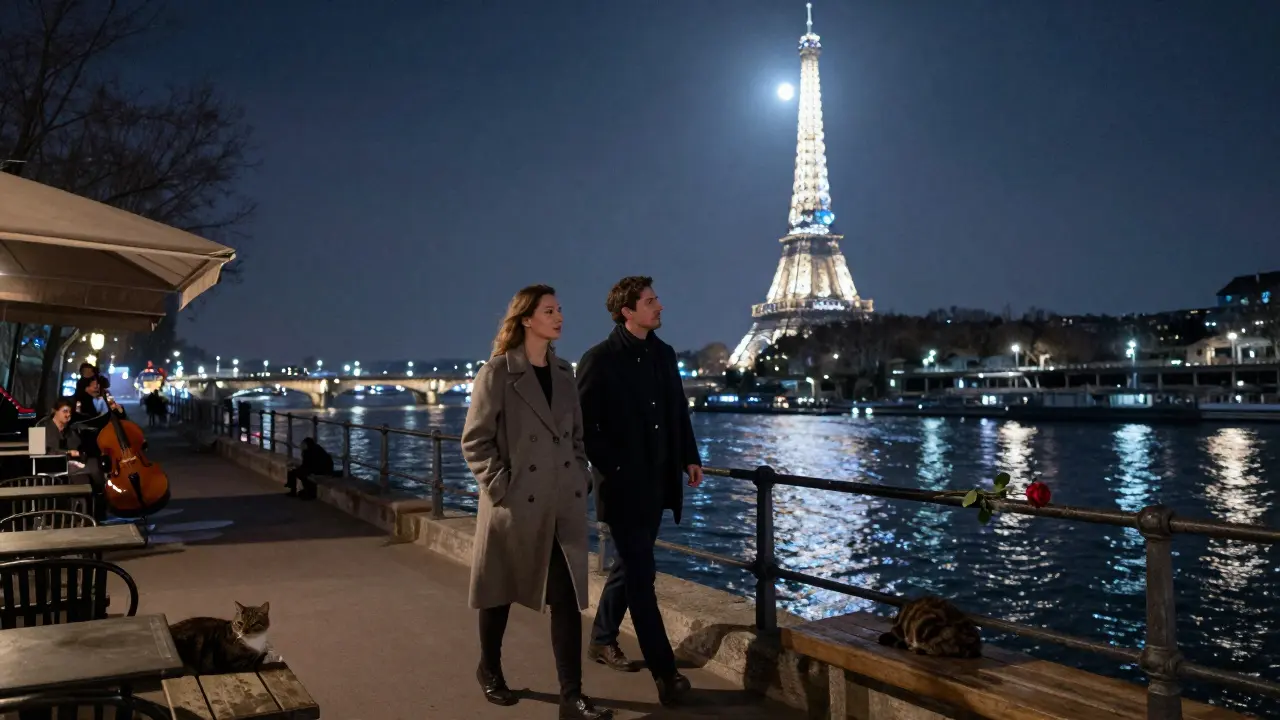 Two people walking along the Seine at night, the Eiffel Tower glowing softly in the distance under moonlight.