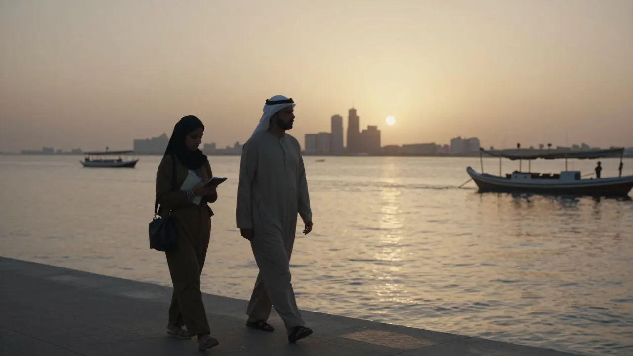 Two people walking peacefully along Dubai Creek at sunset, surrounded by calm waters and distant boats.