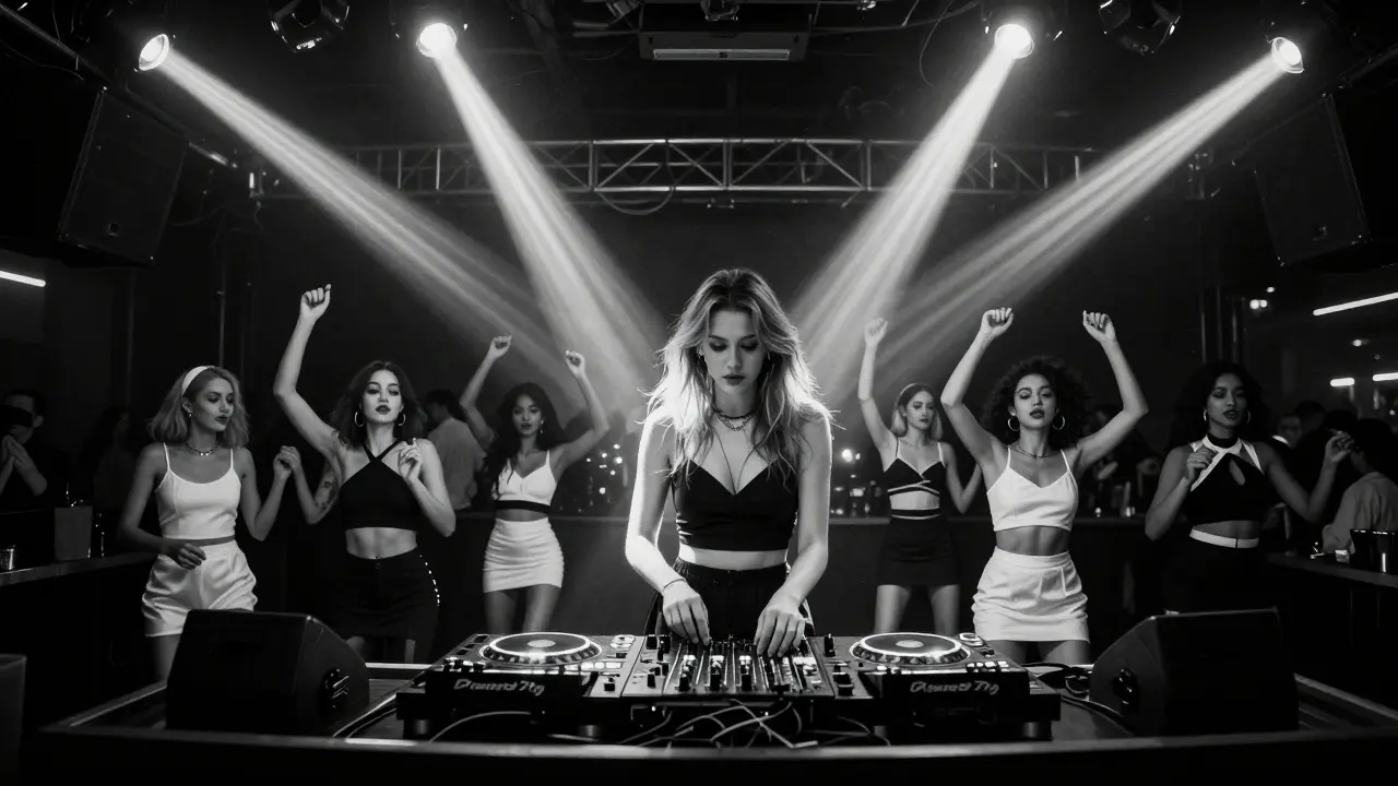 Underground EDM club with black-and-white dress code and strobe-lit dancers