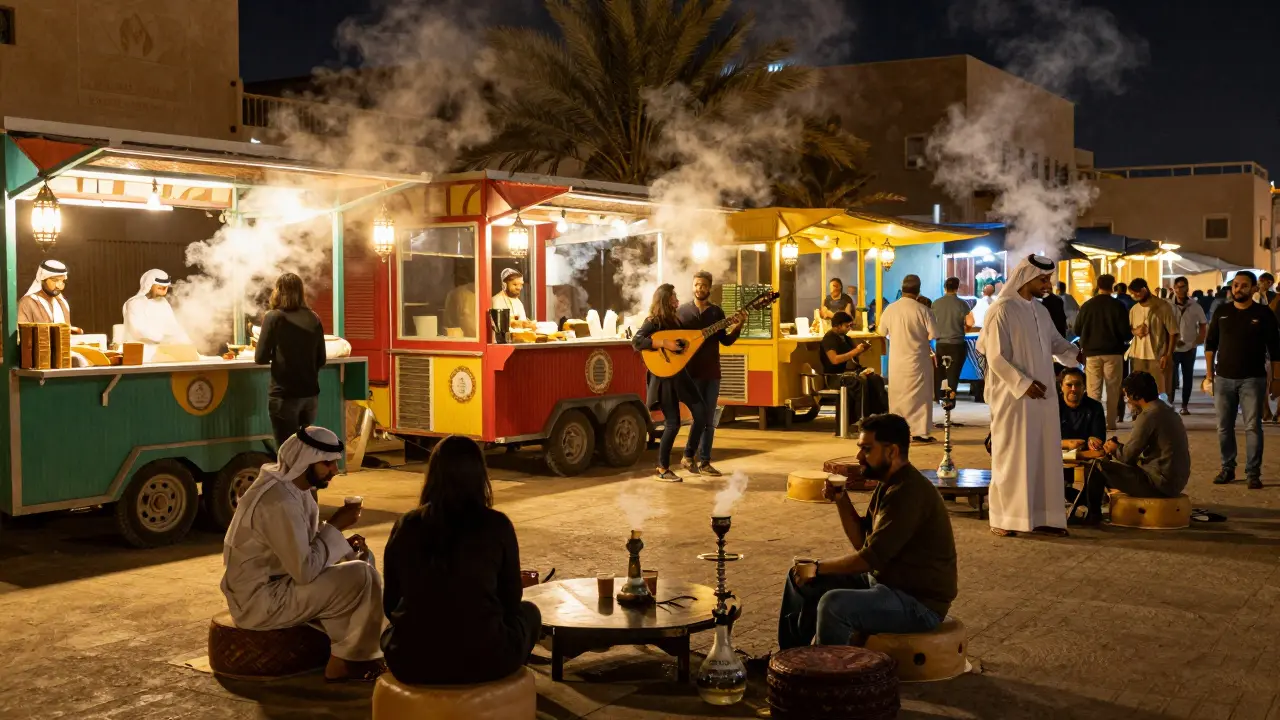Vibrant evening market at Al Qana with food trucks, live Arabic music, and families gathered under lanterns.