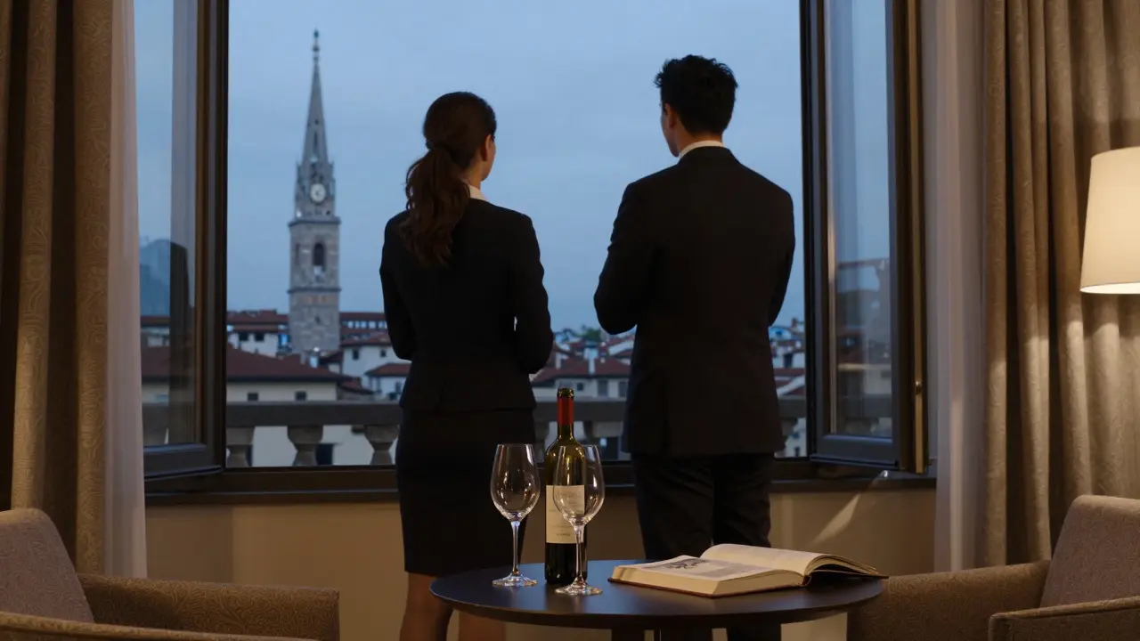 A client and escort enjoying a quiet evening in a luxury Milan hotel suite, overlooking the city skyline.