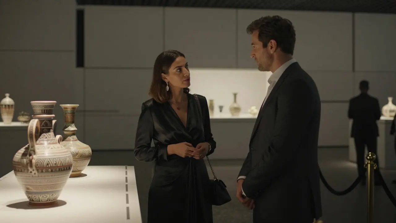 A companion and client engage in thoughtful dialogue beside Emirati ceramics at Louvre Abu Dhabi, no cameras or physical contact.