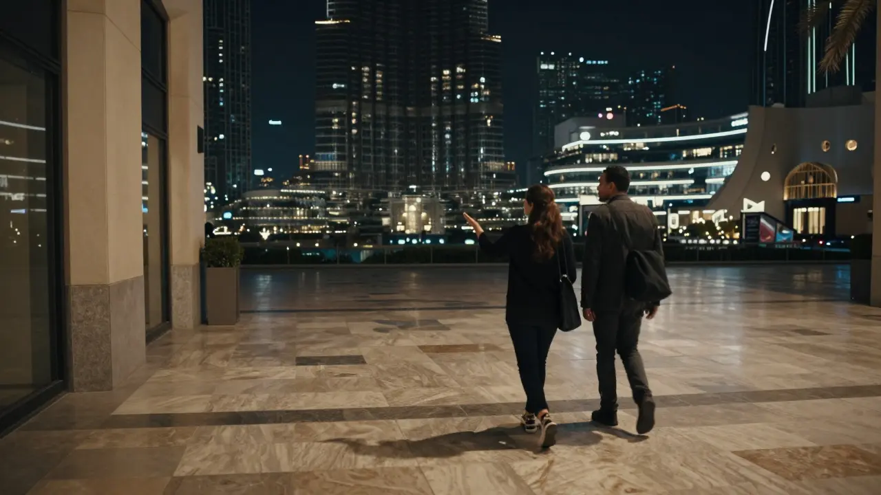 A companion and guest walk peacefully through the empty Dubai Mall at night, surrounded by soft glowing lights.
