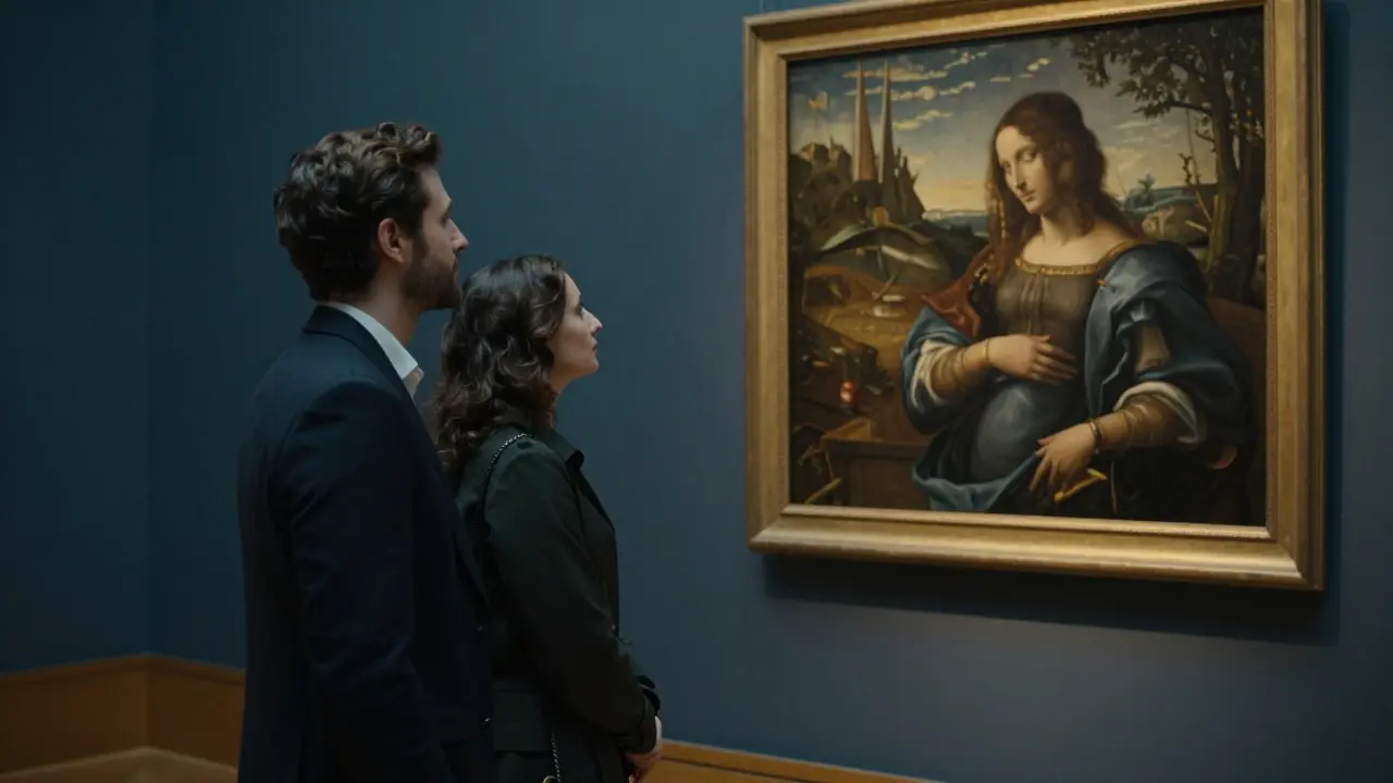 A companion and visitor silently appreciating art together in the Brera gallery, bathed in soft museum light.