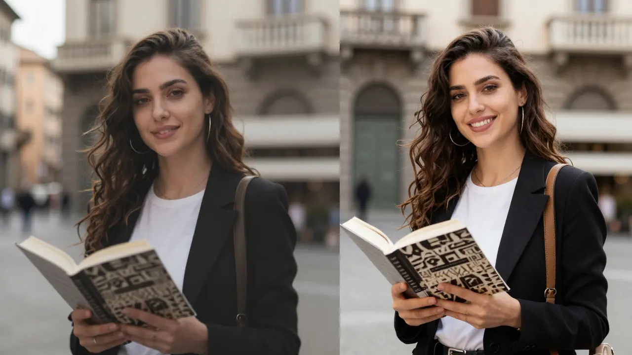 A comparison: fake stock photo versus authentic image of an escort with a book in front of a historic Milan building.