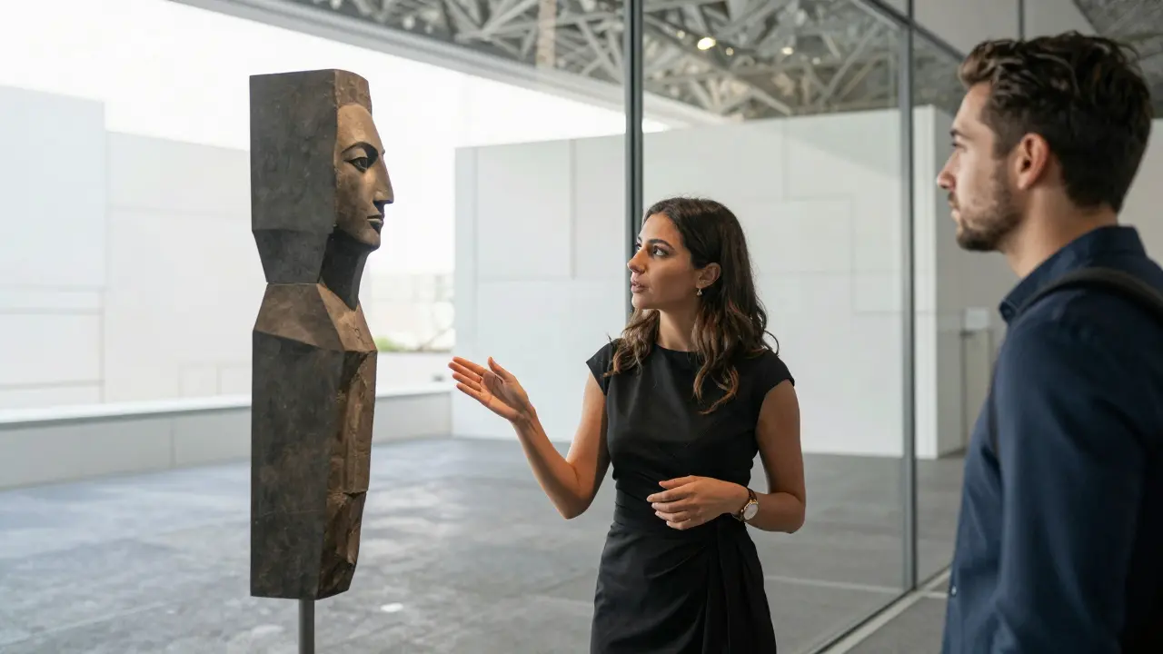 A couple engaged in thoughtful conversation about art inside the Louvre Abu Dhabi, surrounded by elegant architecture.