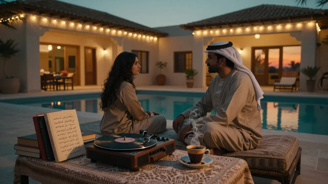 A couple in a private villa courtyard enjoying Arabic coffee and classical music under soft lights.